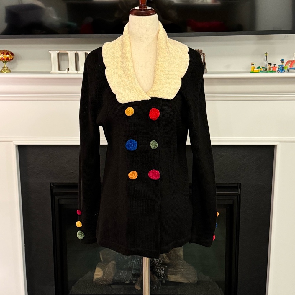 Vintage Jamie Kreitman New York Black Sweater Coat w/ Multicolor Appliqués (M)